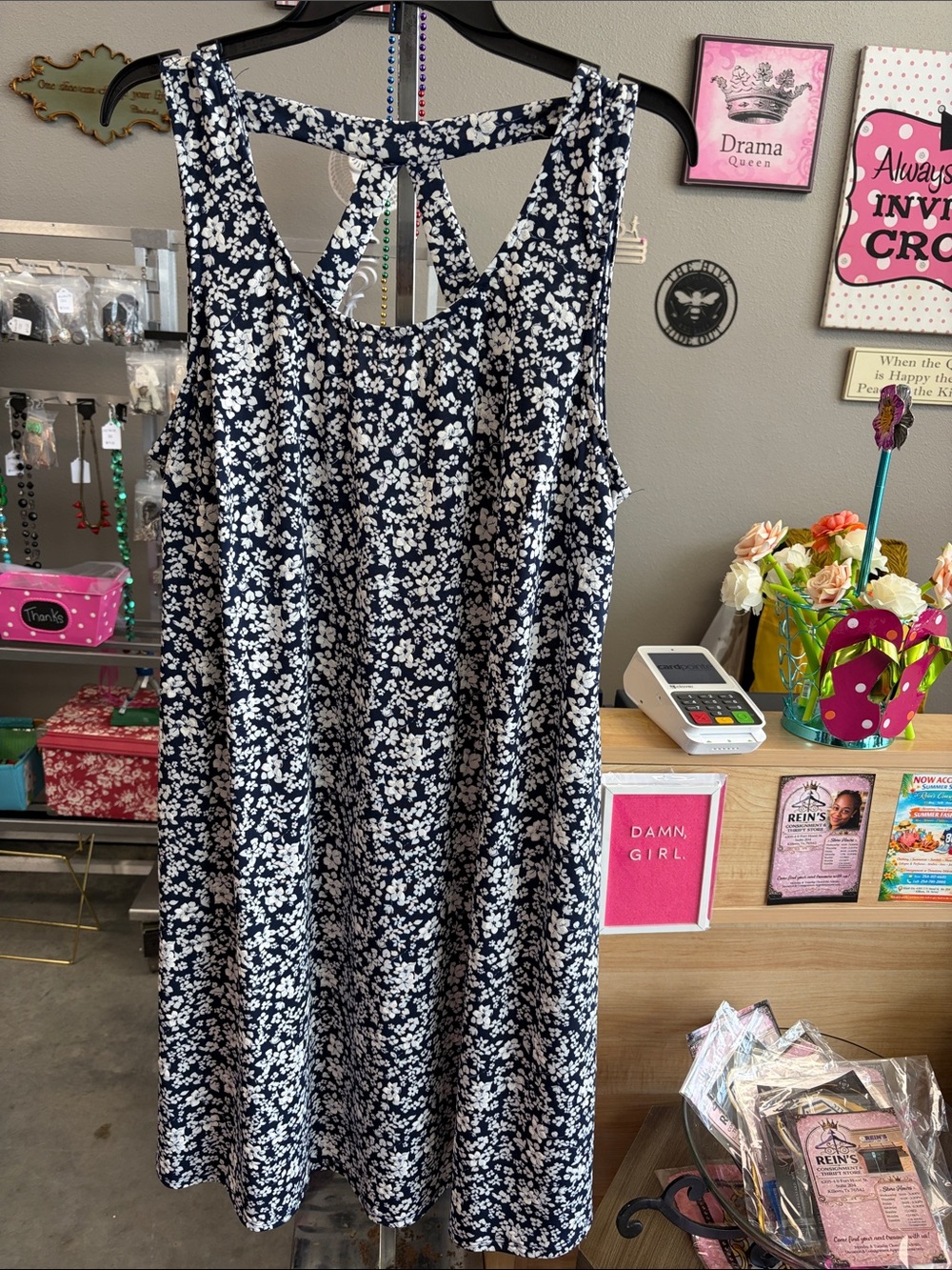 Navy & White Floral Sleeveless Midi Dress with Keyhole Back